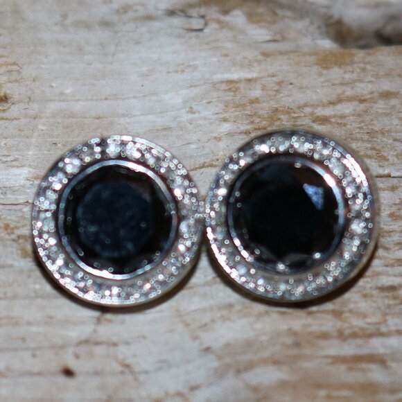 Designer Like DY Round Black Stone w Crystals Stud Earrings NEW! - Picture 1 of 4
